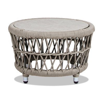 21.5" Round Patio Coffee Table Woven In Beige , Handwoven Rope Resists Everyday Elements, Reversible Tabletop With Two Finishes, Compact And Flexible Design, Protective Foot Caps, Aluminum Frame