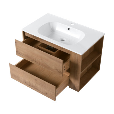 30-Inch Wall-Mounted Bathroom Vanity with Integrated Gel Sink and Soft-Close Drawers, Imitation Oak Finish