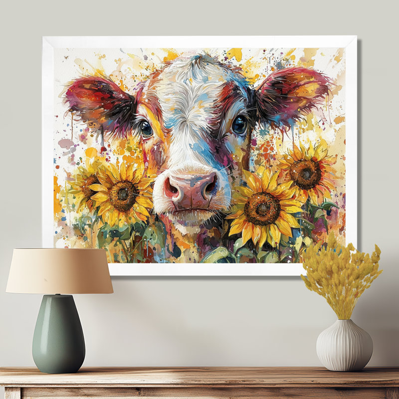 Vache, peinture avec tournesols I - vache, art mural, H 12 po x l 20 po, Avec cadre, Blanc