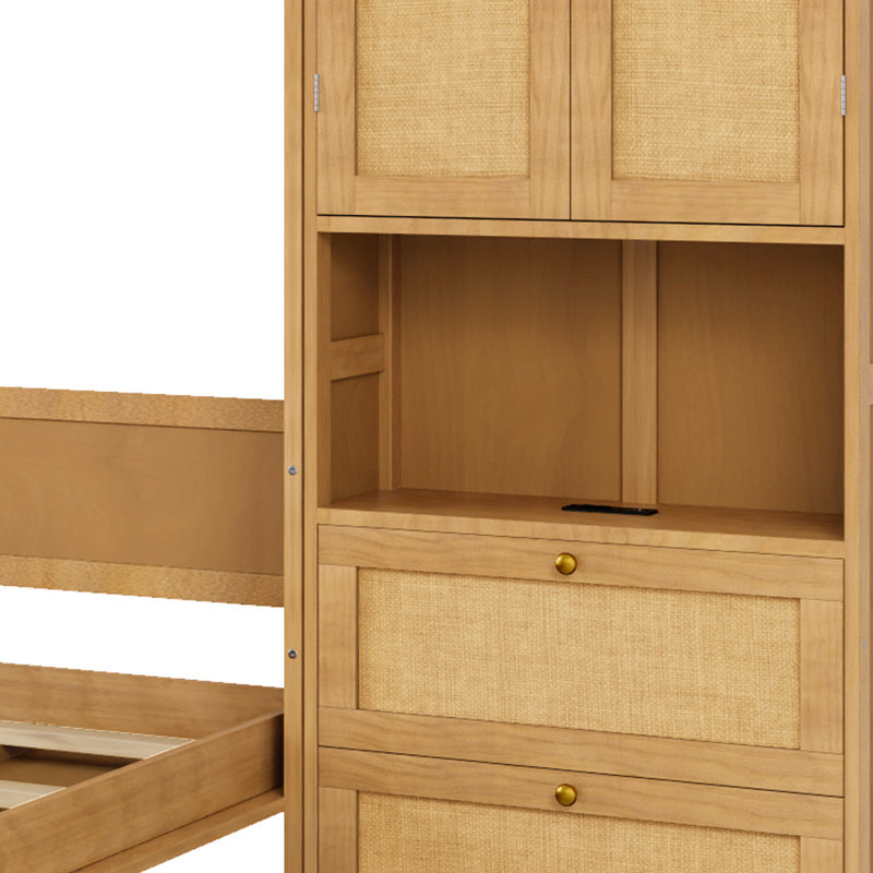 Solid Wood With Rattan Murphy Bed Cabinet Space-Saving Bed With 1 Side Cabinet Storage Shelf, Full , Yellow