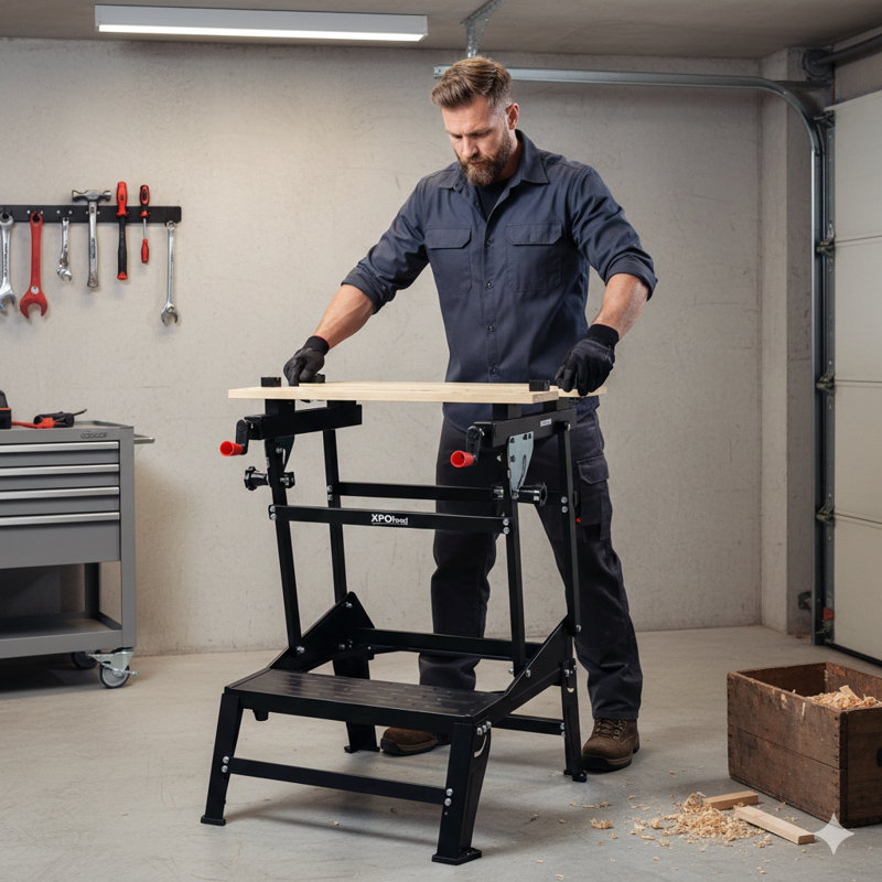 Établi multifonctionnel, portatif et pliable, pouvant supporter jusqu'à 550 lb, avec mâchoires réglables, serrage vertical et quatre broches rotatives réglables, parfait pour le bricolage et le travail du bois