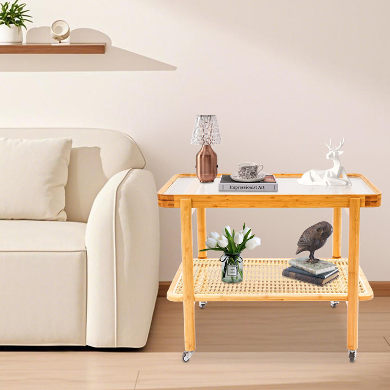 2 Tier Rattan Simple Side Table Coffee Table With Wheels