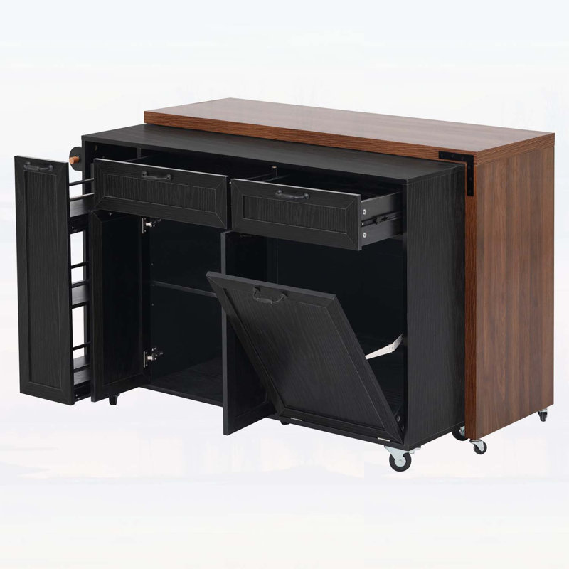 Kitchen Rolling Island Cart with Trash Storage Cabinet,3-Tier Pull-Out Spice Rack, Black