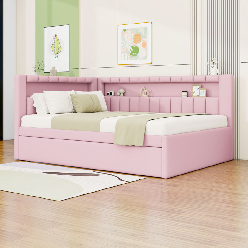 Full Upholstered Platform Bed with LED and USB Ports and Trundle, Pink