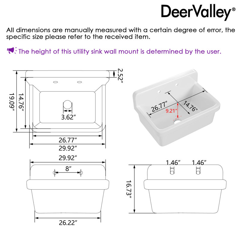DEERVALLEY 30 in. Wall Mount Laundry/Utility Sink, White Single Bowl