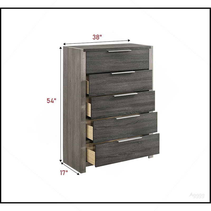 Commode de rangement moderne à finition grise 1 pièce avec 5 meubles de chambre à coucher à tiroirs en bois