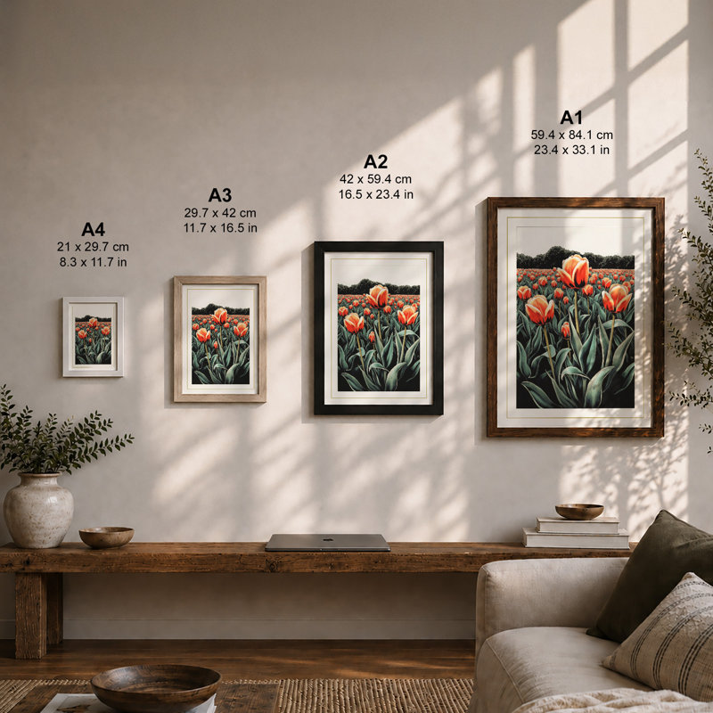Tulip Fields Botanical - Framed Print, A4 - 29.7 x 21.0 cm, White