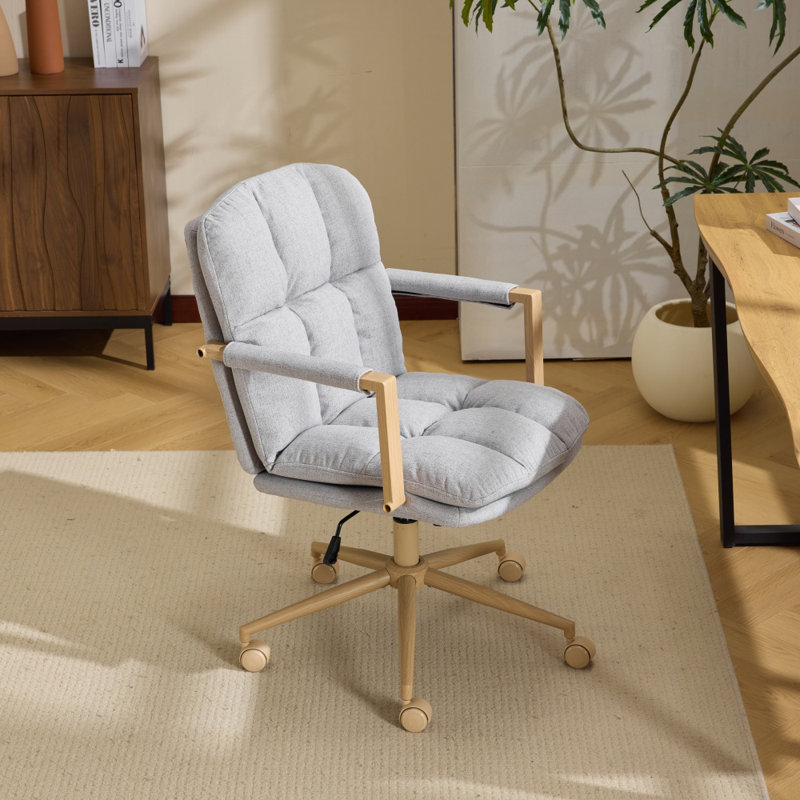 Linen Blend Swivel Office Chair Adjustable Height With Wood Armrests For Home Office And Living Room, Light Gray