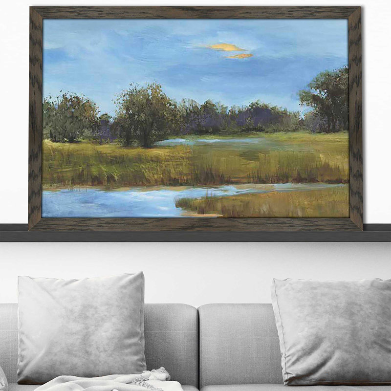 Riverwalk I par Liz Jardine - Peinture, Cadre chocolat patiné, H 21,5 po x l 27,5 po x P 0,75 po