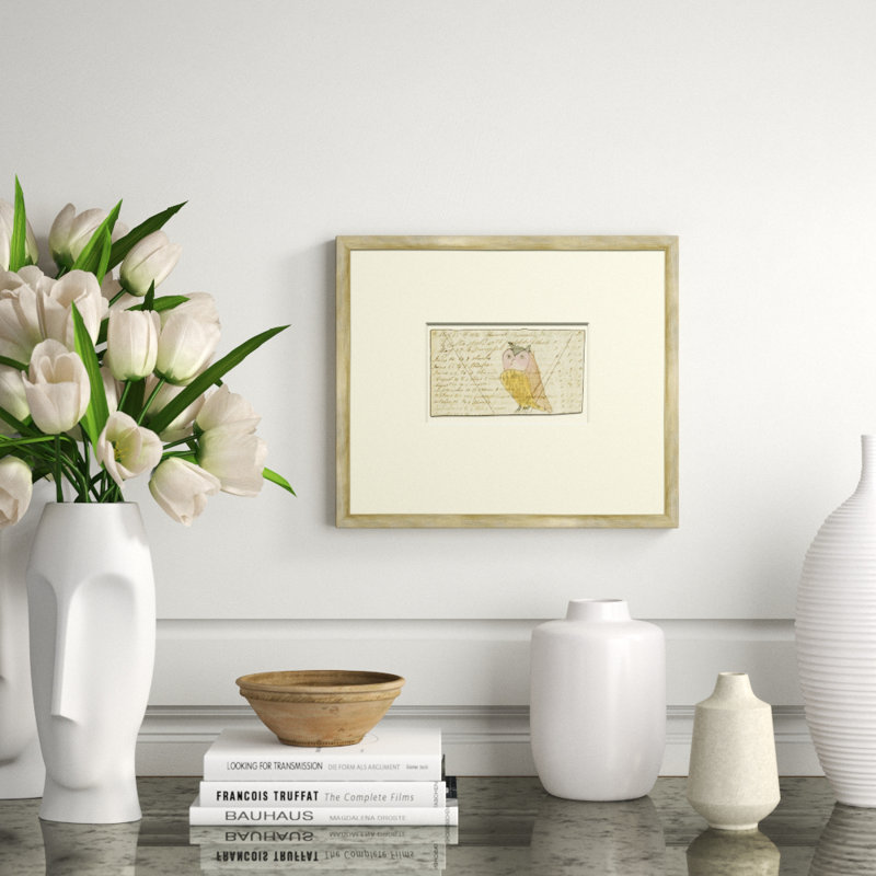 Owl - Mennonite Ledger Drawing Giclee Print by Soicher Marin Archives,  Warm Silver, Beige, 14.5'' H x 17'' W x 1.25" D
