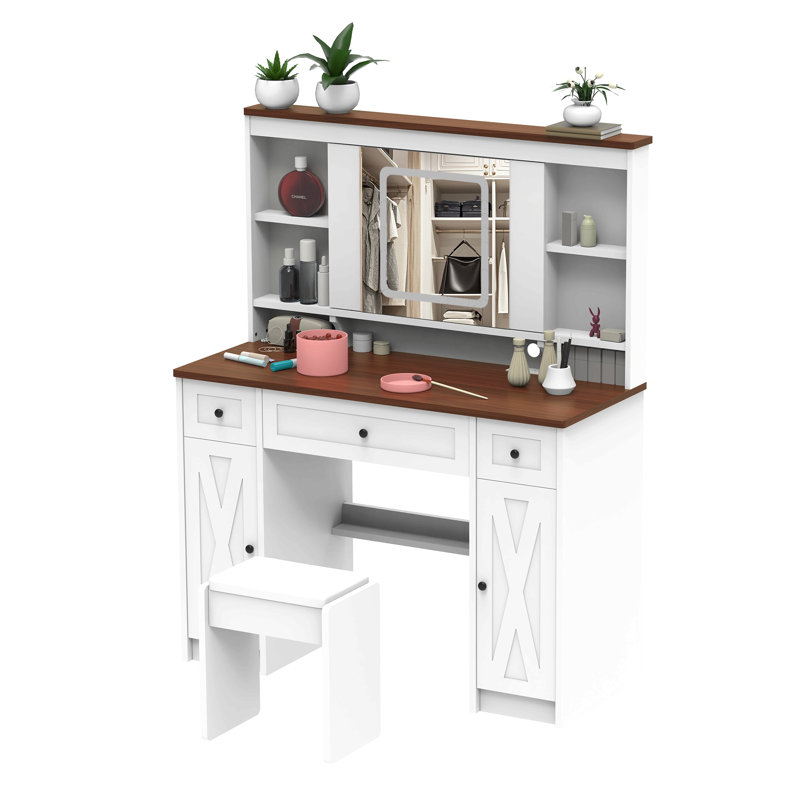 Bureau de coiffeuse avec miroir coulissant, lumières et station de charge Farmhouse