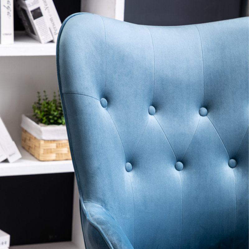Chaise d'appoint en velours bleu - pieds en bois, chaise soyeuse à boutons, structure solide et rembourrage doux