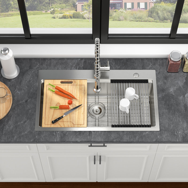 Bol simple encastré en acier inoxydable 33 po x 19 po x 9 po | Évier de cuisine avec passoire, crépine, planche à découper, égouttoir à vaisselle enroulable, grille de protection inférieure
