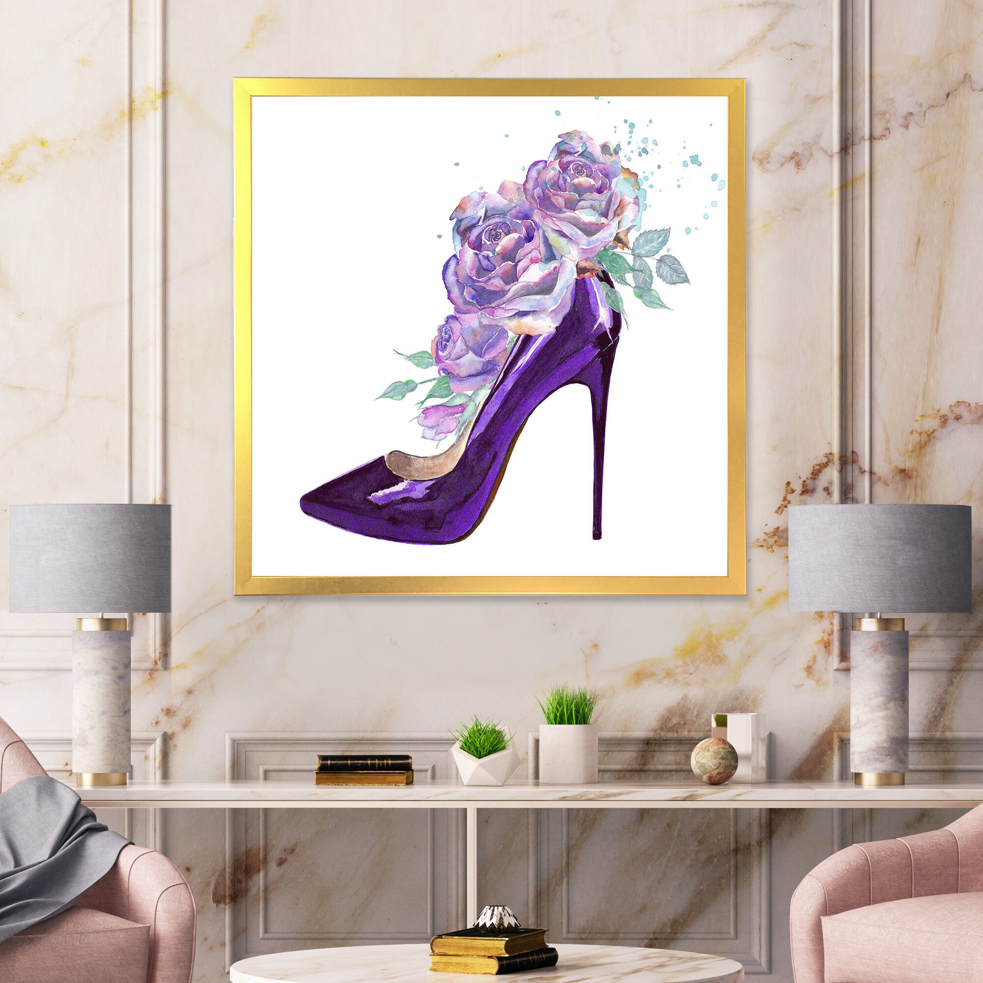 Dark Purple Stiletto Shoe with Pink Violet Roses - Picture Frame Painting on Canvas East Urban Home Format: Silver Framed Canvas, Size: 36 H x 36 W