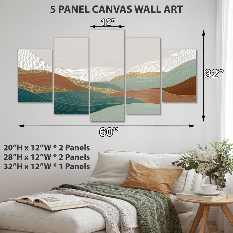 «The Silent Ridge Into The Mountain Landscape», art mural moderne Mid-Century, impression sur toile verte, 5 panneaux