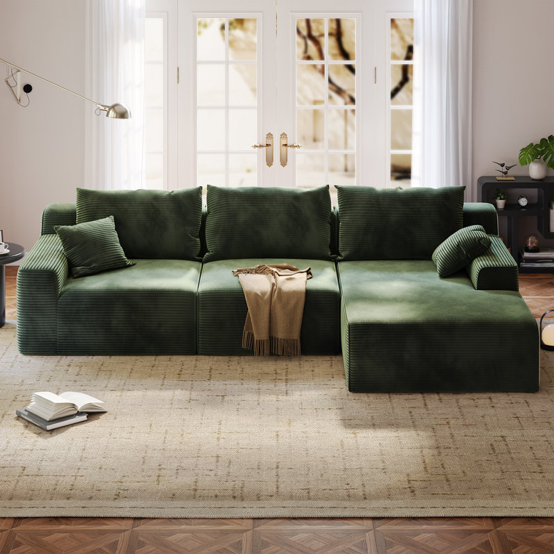 97" L  L-Shaped  Boneless Sofa with Chaise Lounge, Tool-Free Setup, Modular Sectional Couch with Ottoman & Pillow for Living Room, Bedroom, Upholstered Corduroy/Checkered Couch