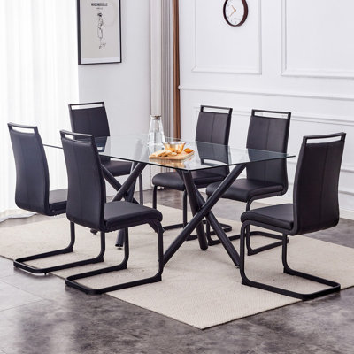 Rilda 7-Piece Glass Top Cross Legs Dining Table Set