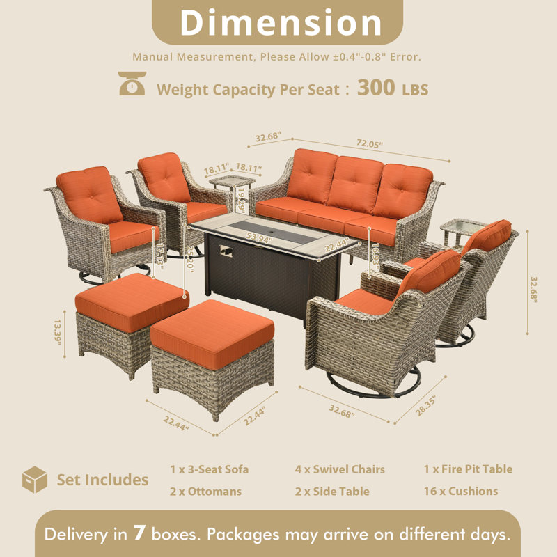 10-Piece Wicker Patio Conversation Set with Swivel Rocking Chairs and 50,000 BTU Fire Pit Table, Striped Orange