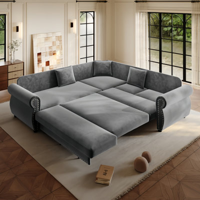 88.2" L-Shaped Sleeper Sectional Sofa With Pull-Out Bed, Nailhead Trim, Rolled Arms, And Chenille Upholstery For Living Room, Apartment, Office