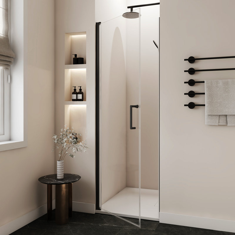 Porte de douche à simple porte l 28 po x H 72 po avec alliage d'aluminium noir mat et porte de douche en verre trempé de 0,24 po