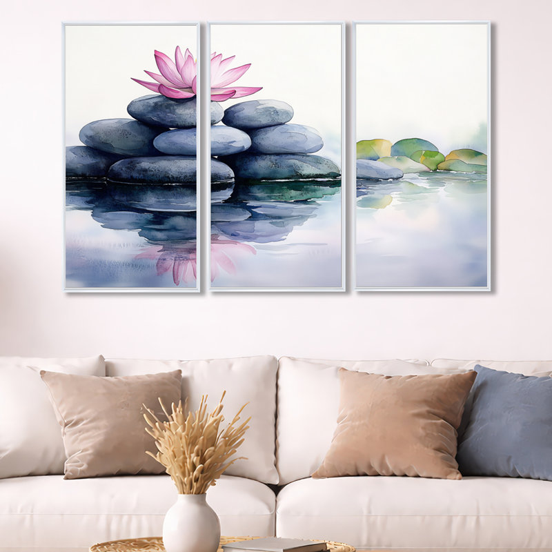 "Lotus Reflection", art mural 3 pièces, H 32 po x l 48 po, Cadre flottant blanc
