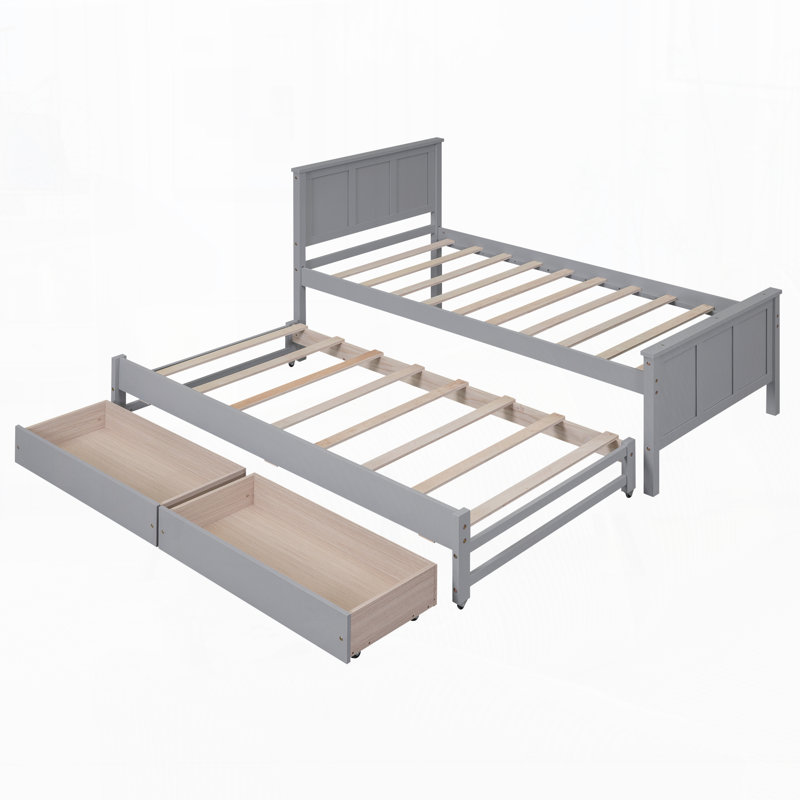 Lit plateforme moderne avec lit gigogne et tiroirs, Gris