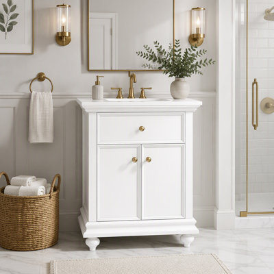 24" Modern Bathroom Vanity with A Tip-Out Drawer & Soft-Close Hinges, Bathroom Cabinet with Back Open Structure, Ball-Turned Legs with French Elegance