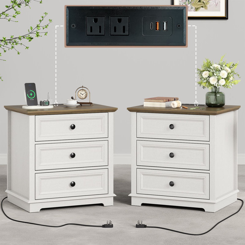 3-Drawer Beattie Sets with Storage and Built-in Outlets, White/Walnut