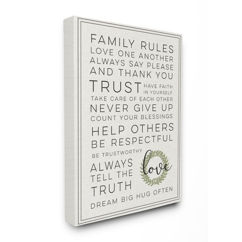 "Family Rules Love Dream Souvent" par Daphne Polselli - reproduction d'art textuel sur toile, H 20 po x l 16 po, Toile tendue