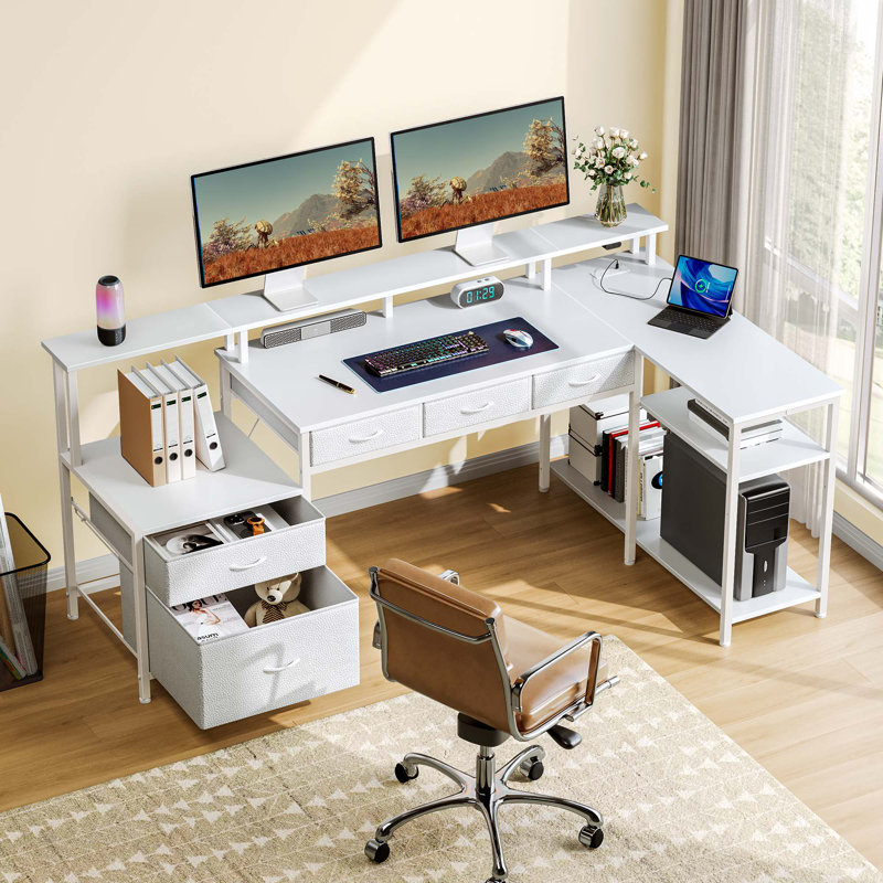 L Shaped Desk with File Drawer and Monitor Stand, Home Office Desk with Power Outlets & LED Lights, White