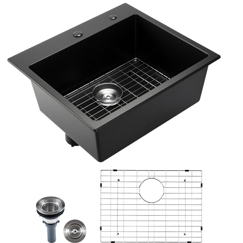 25X22x10 Inch Granite Kitchen Sink Single Bowl, Top Mount For Rv And Bar Areas, Black Quartz Material With Natural Stone Look, Scratch - Design, Included Drain Kit Stopper, Fits Large Cooking