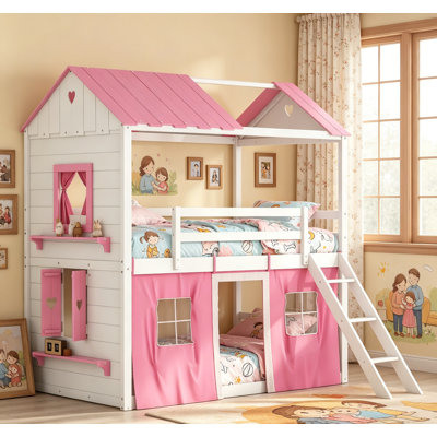 Castle Kids Playhouse Bed with Window & Roof Design, Solid Pine Wood & MDF Frame, Semi-Enclosed Under Bed Space, Slide Mountable on Either Side, Children Platform Bed for Bedroom