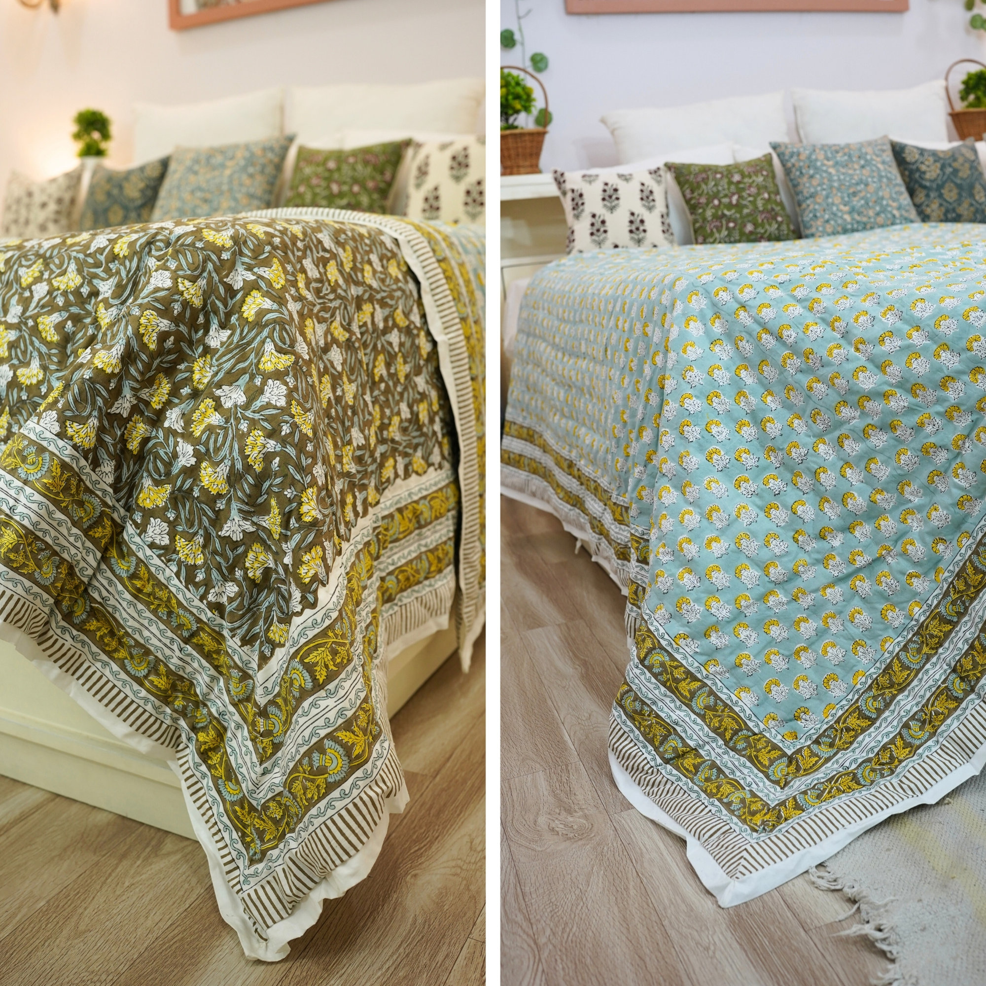Fabdivine Luxury Block Print Cotton Quilt Floral Boho Bedding for Bedroom & Sofa, King Us, Blue/Green/Yellow