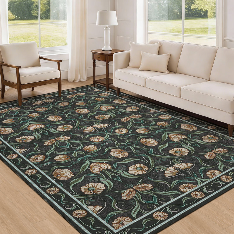 Area Rug, Floral Washable Rugs, Modern Style, Non-Slip Low-Pile Soft Floor Carpet for Bedroom, Living Room, Dining Room