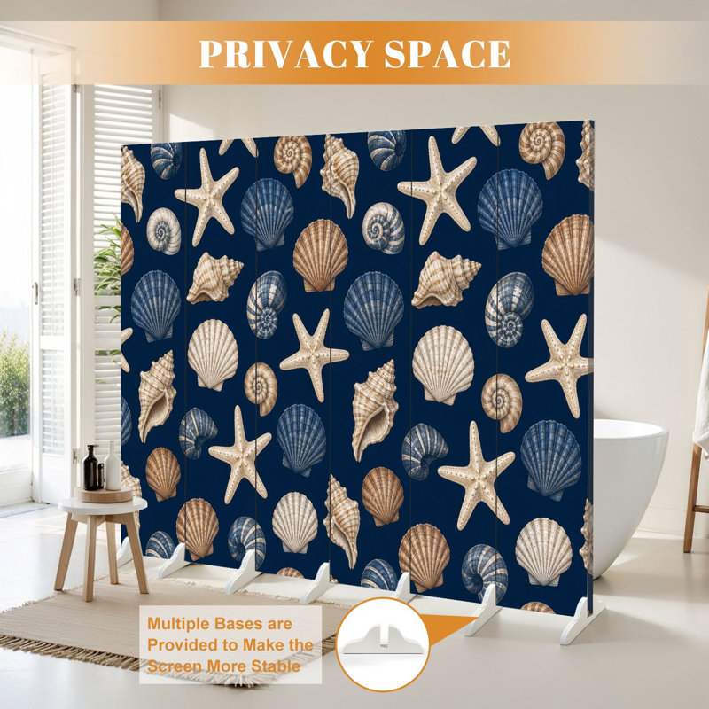 Cloison pliante 6 panneaux séparateur de toile Royal Seashell, 6, H 71 po x l 96 po x P 1 po