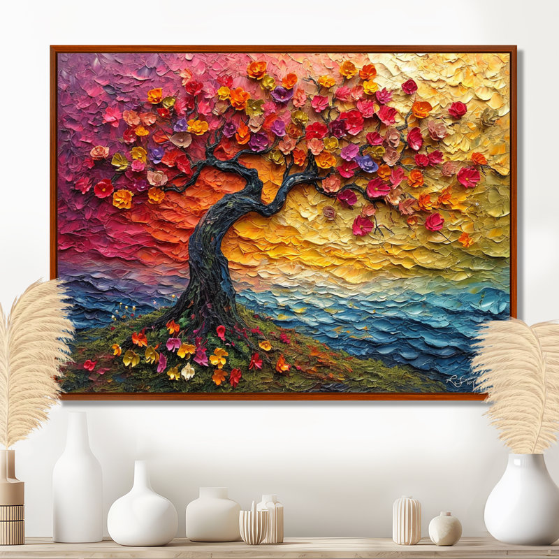 Arbre en fleurs avec fleurs rouges - Art floral mural, Toile avec cadre flottant brun, H 24 po x l 32 po x P 1 po