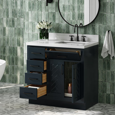 Chevron 37 Inch Right Offset Single Rectangle Vanity Bathroom Vanity with Pure White Quartz Countertop 1.5 Inch in Midnight Blue