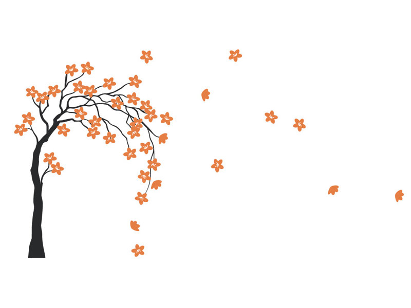 Décalcomanie murale arbre dans le vent, Noir / Orange, H 27 po x l 50 po x P 0,01 po