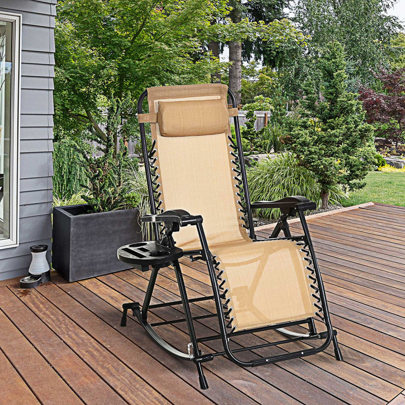 Outdoor Foldable Reclining Zero Gravity Lounge Rocking Chair With Pillow, Beige