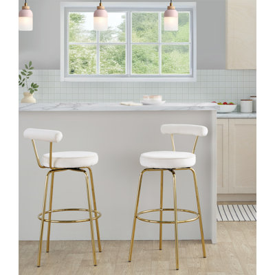Fixed-Height Barstool With Swivel In Gold Metal And Cream Velvet - Set Of 2
