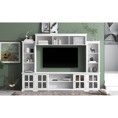 Meuble télé minimaliste avec pont, console de télévision moderne pour téléviseur de 70 po ou moins, meuble télé multifonctionnel avec porte en verre trempé (ancien SKU: SD000009AAK)