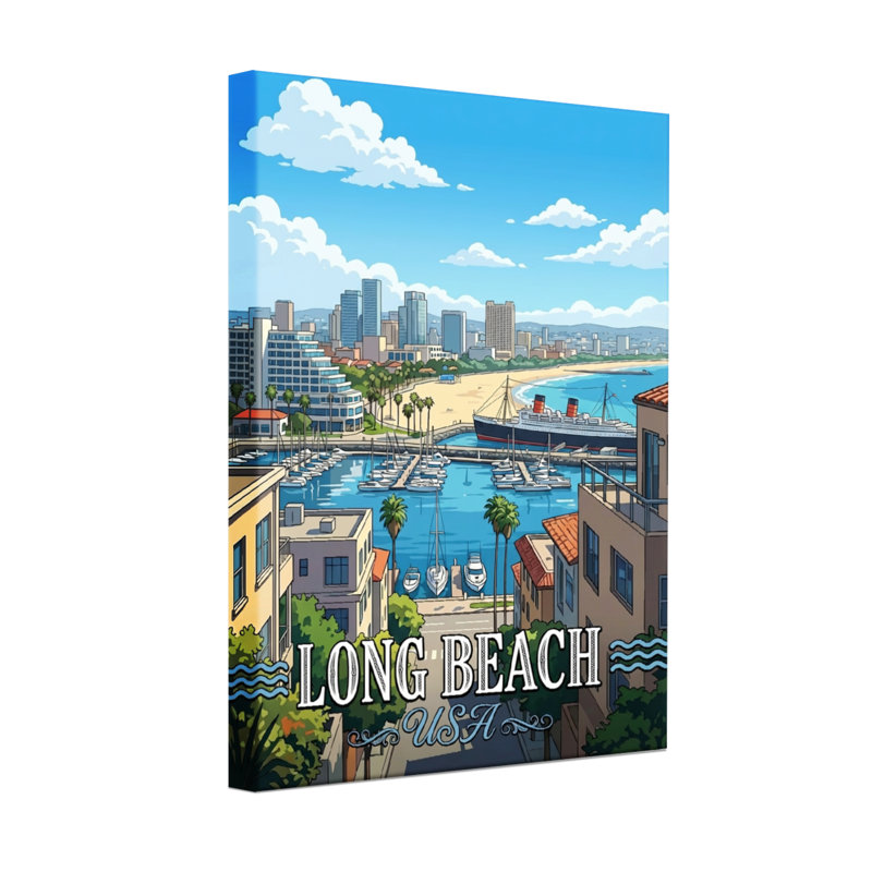 Scénario et paysages urbains Long Beach Cityscape, H 24 po x l 36 po, Toile tendue sur cadre, Ne s’applique pas