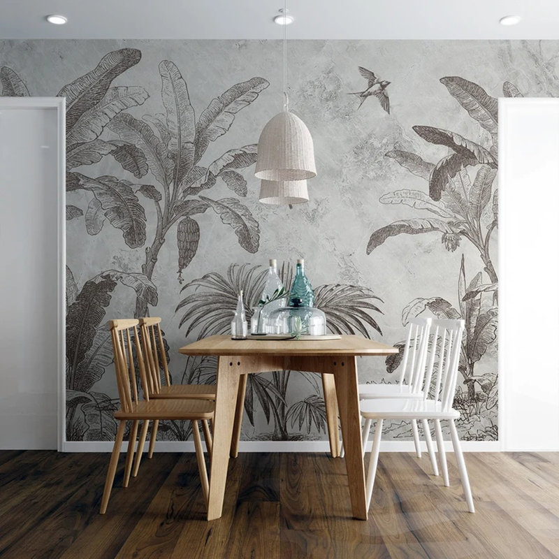 Murale rétro avec bananeraie et oiseaux tropicaux, L 108 po x l 96 po