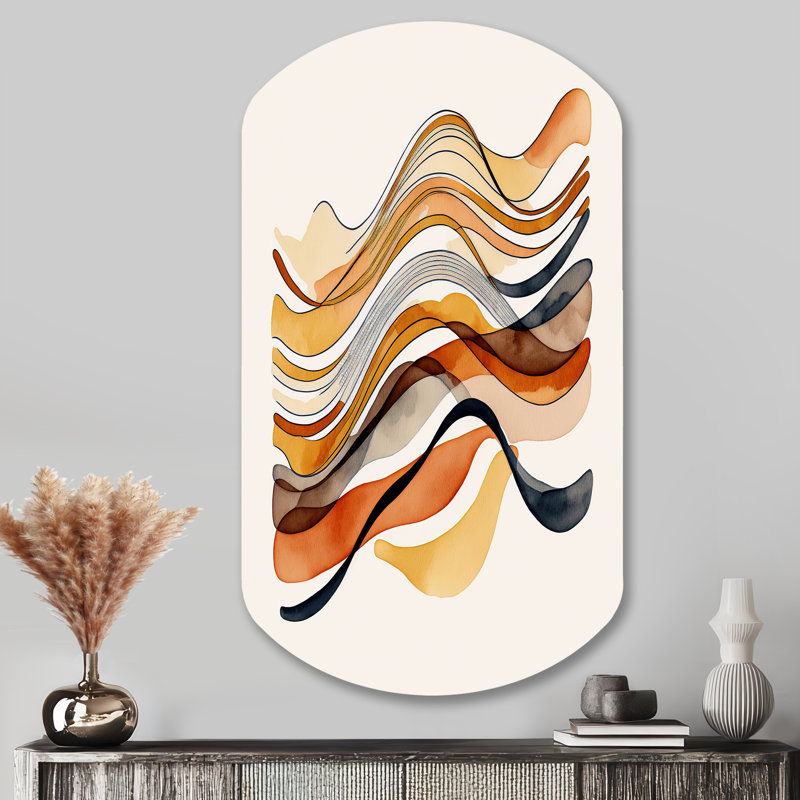 «Burnt Orange Waves Abstract I - Minimalisme cylindrique, impression murale, décoration murale asymétrique en métal orange