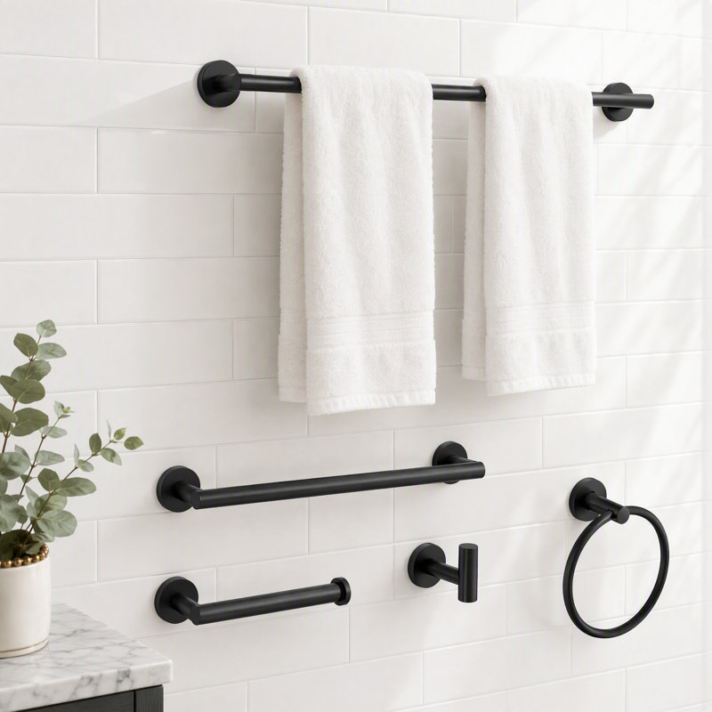 5 Piece Bathroom Hardware Set Modern Wall Mounted Round, Matte Black