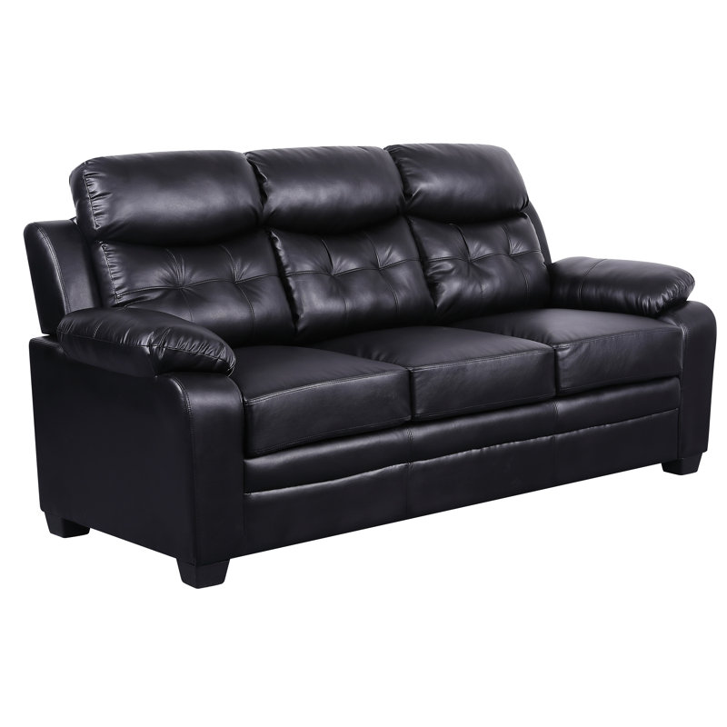 Kaitlin 76.8" Faux Leather Pillow Top Arm Sofa, Black Faux Leather