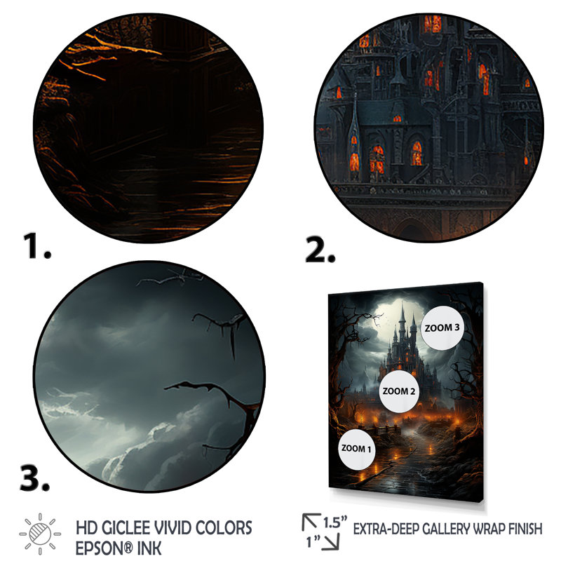 «Haunted Castle At Nightfall I - Châteaux», art mural, Cadre simple blanc, H 32 po x l 16 po x P 1 po