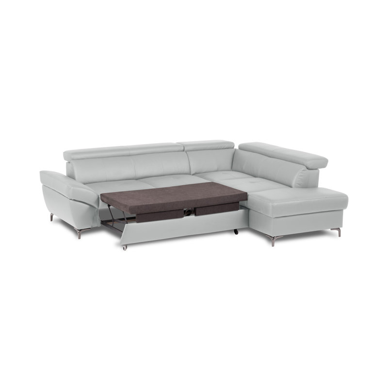 CAPRI Genuine Leather Corner Sofa with Pull-Out Bed and Storage and Adjustable Headrests, Light Grey, Right Hand Facing