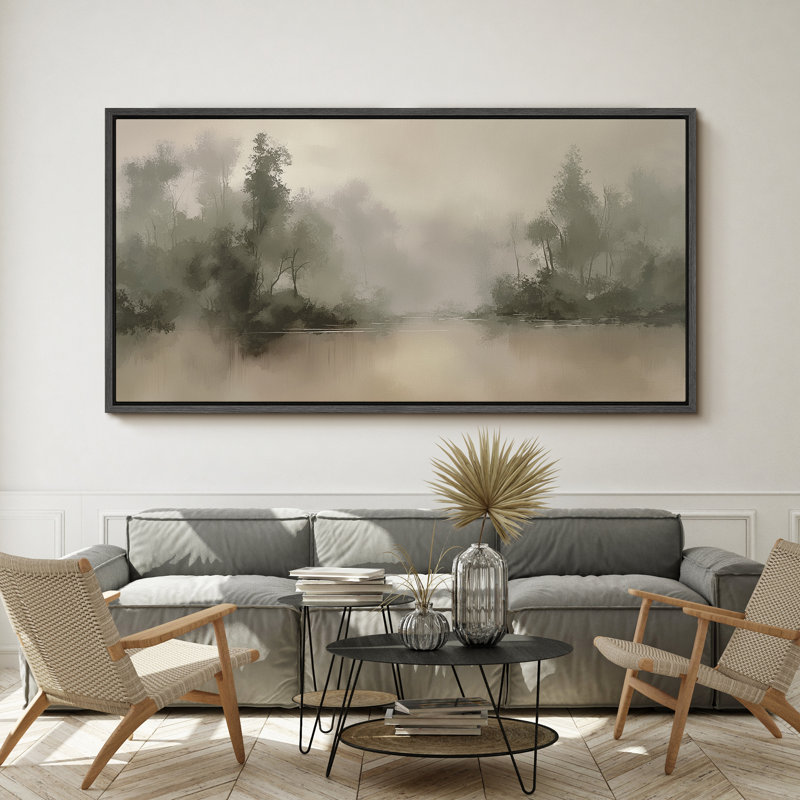 Large Framed Canvas Print Wall Art - Neutral Abstract Forest Landscape Print for Vintage Home Decor, Black, 30" H x 60" W