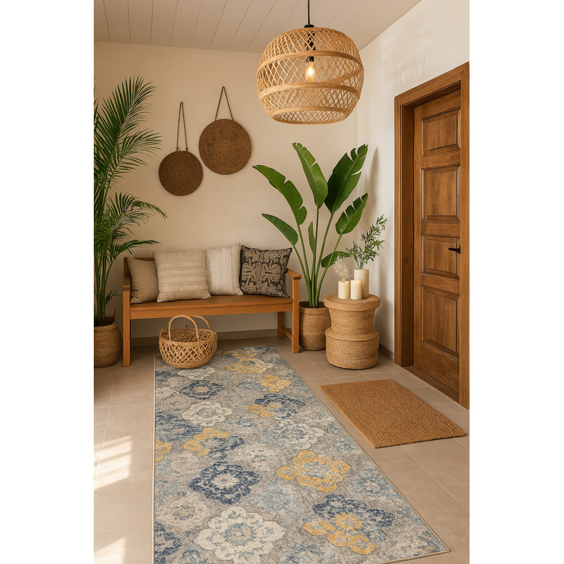 Tapis abstrait bleu / jaune moutarde Kymiere, Tapis de couloir 2 pi 3 po x 15 pi